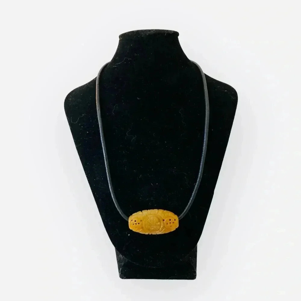 Chinese Hand carved Yellow Jade Pendant Necklace with Leather Chain.